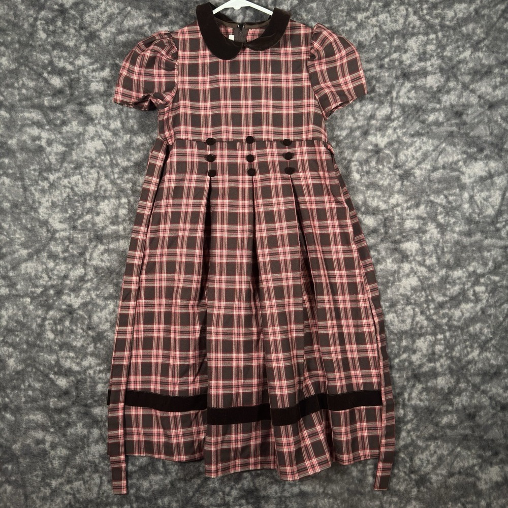 Vintage Bonnie Jean Girls Red Plaid Pleated Dress Velvet Collar Size 8 B44959-1